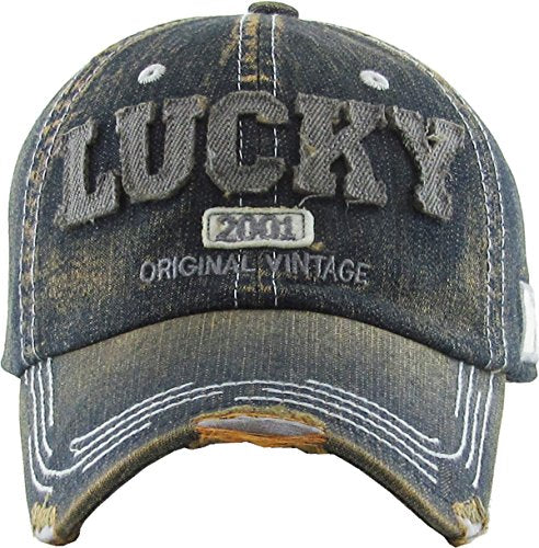 Fashion Vintage Distressed Washed Assorted Baseball Cap Dad Hat Adjustable Unisex - color: .Dark Denim Lucky