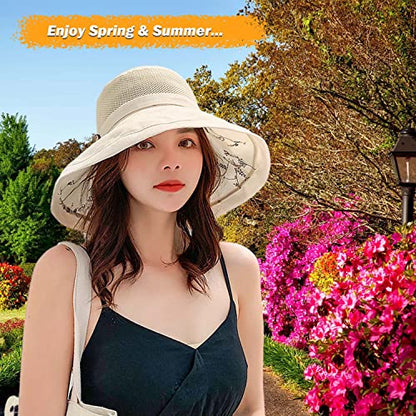 Women Wide Brim Sun Hats Metal Wired Edge Summer UV Protection Beach Fishing Hat for Hiking Garden Travel Chin Strap - color: A1-m9163-beige, size: One Size