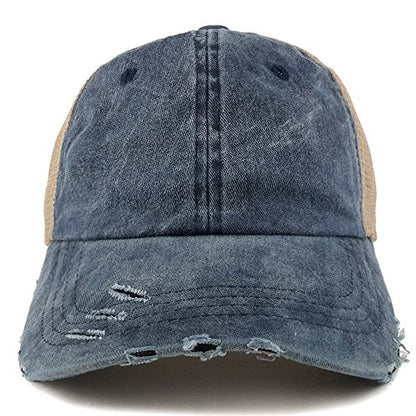 Trendy Apparel Shop Pigment Dyed Front Mesh Back Frayed Bill Trucker Cap - color: Navy