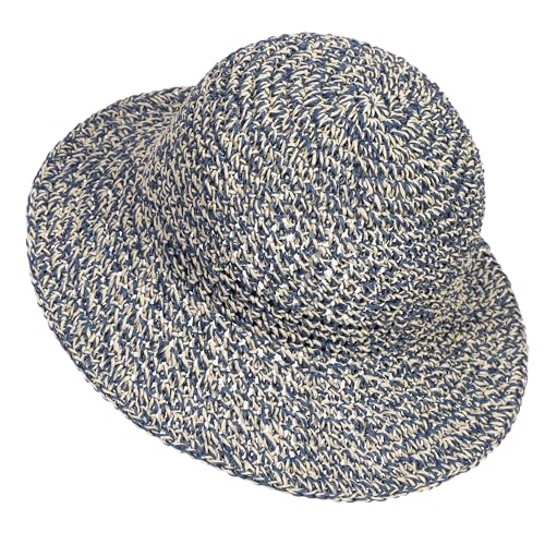 Womens Sun Hat Handmade Crochet Straw Bucket for Summer Foldable Travel Cap - color: Beige & Blue