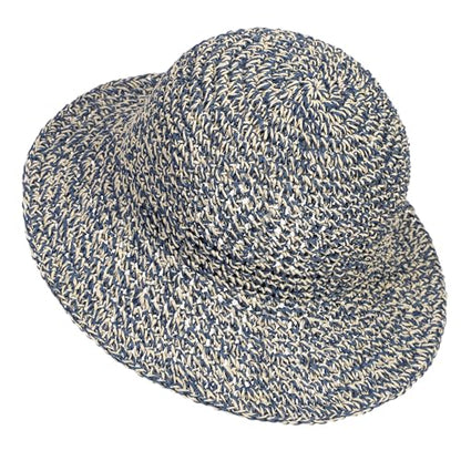Womens Sun Hat Handmade Crochet Straw Bucket for Summer Foldable Travel Cap - color: Beige & Blue