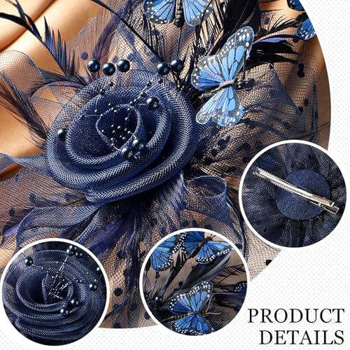 Zinniday Butterfly Derby Hat 2025 - Classic Tea Party Hats with Hair Clip, 1920s 50s Fascinators for Lady Woman - color: Navy Blue