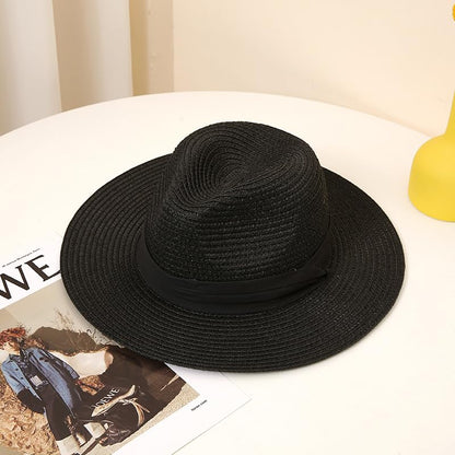 Unisex Adjustable Summer Straw Fedora Hat Sun Cap Panama Wide Brim For Beach Summer Outdoors Camping Supplies - color: Black