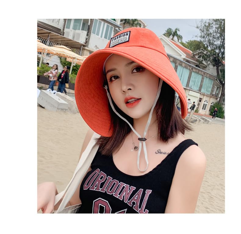 Women Floppy Sun Beach Hat Packable Wide Brim Bucket Hat UPF 50+ UV Protection Travel Beach Cap - color: Orange