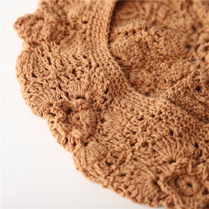 yolrdiw Cotton Crochet Beanie Handmade Floral Beret Beach Travel Boho Hat - color: Beige