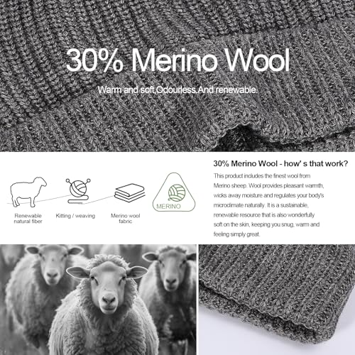 M/L/XL/XXL Merino Wool Beanie for Men & Women, Oversize Fleece Lined Warm Winter Double Layered Stylish Knit Cuffed Ski Hat - color: Dark Grey, size: X-Large-XX-Large
