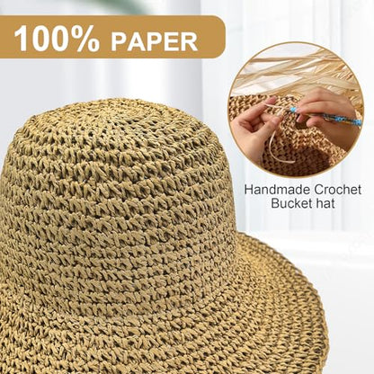 Woven Straw Hat for Women Foldable Summer Beach Hat Wide Brim Floppy Bucket Hat - color: Black/Beige