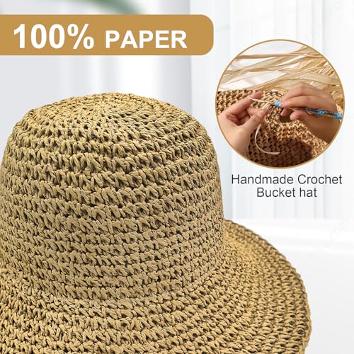 Woven Straw Hat for Women Foldable Summer Beach Hat Wide Brim Floppy Bucket Hat - color: Black/Beige