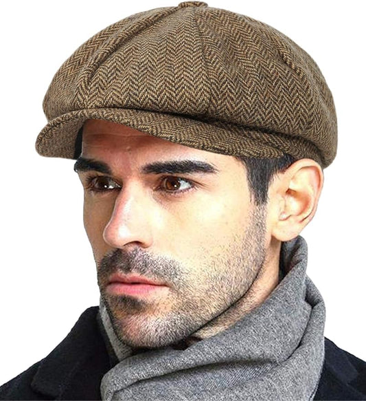 Wool Tweed Newsboy Cap for Men Paperboy Warm Winter Hat Vintage Flat Ivy Cabbie Gatsby Cap - color: Brown, size: X-Large-XX-Large