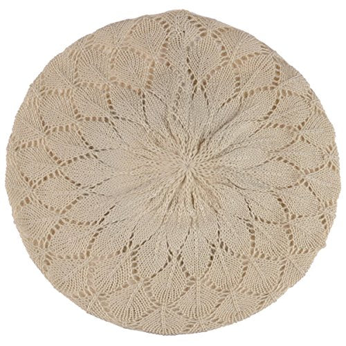 BYOS Chic Parisian Style Soft Lightweight Crochet Cutout Knit Beret Beanie Hat - color: 2-pack Leafy Beige & Black