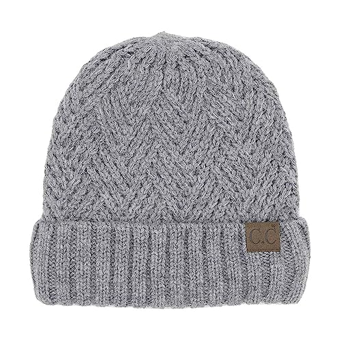 C.C Unisex Chunky Soft Stretch Cable Knit Warm Fuzzy Lined Skully Beanie - color: Cuffed Light Melange Gray