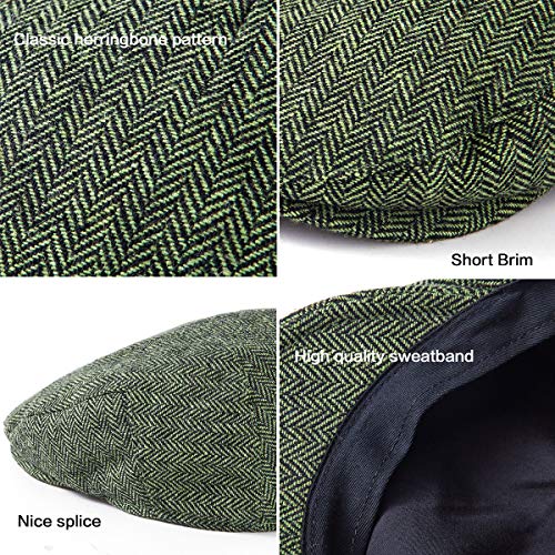 Herringbone Flat Ivy Newsboy Cap for Men 1920s Wool Blend Tweed Cabbie Hat - color: 004 Green, size: Small-Medium
