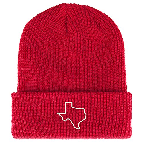 Trendy Apparel Shop Texas State Outline Embroidered Ribbed Cuffed Knit Beanie - color: Red