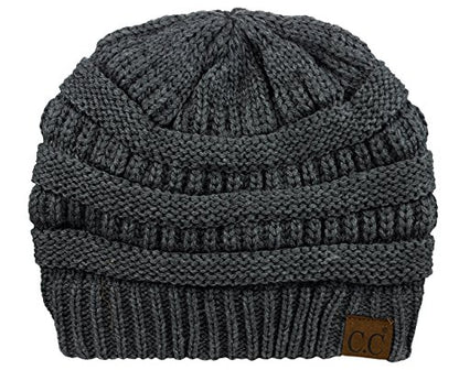 C.C Unisex Chunky Soft Stretch Cable Knit Warm Fuzzy Lined Skully Beanie - color: Dark Melange Gray