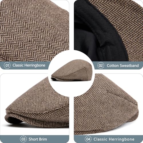 meioro Herringbone Flat Ivy Newsboy Cap for Men Classic Tweed Newsboy Hat Wool Blend Flat Cap Gatsby Cabbie Hats Ivy Caps - color: Khaki
