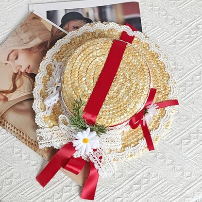 Victorian Tea Party Sun Hat, Wide Brim Straw Flat Cap - color: Red