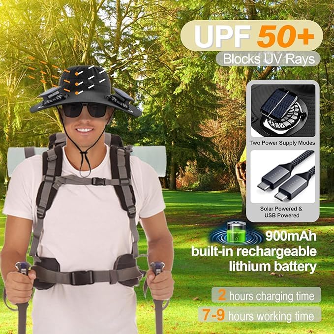 Fishing Hats with Sunglasses, Wide Brim Sun Hat with 2 Solar Fan, USB & Solar Powered Fishing Hats, Solar Fan Hats UPF 50+ - color: Black