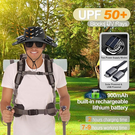 Fishing Hats with Sunglasses, Wide Brim Sun Hat with 2 Solar Fan, USB & Solar Powered Fishing Hats, Solar Fan Hats UPF 50+ - color: Black