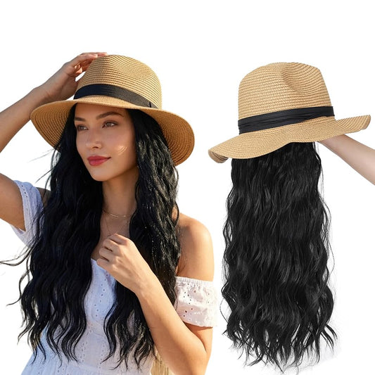 Hat Wig Panama Hat with Black Long Wave Hair Attached for Women Khaki Color Wide Brim Straw Beach Sun Hat Wig - color: K-black