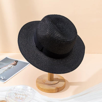 Unisex Adjustable Summer Straw Fedora Hat Sun Cap Panama Wide Brim For Beach Summer Outdoors Camping Supplies - color: Black