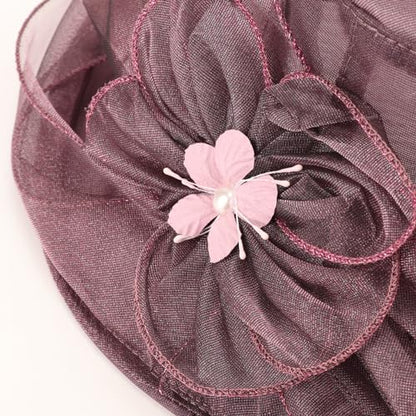 AQOKKA Women Organza Church Fascinators Kentucky Derby Hats for Women and Girls Wedding Flower Tea Party Hat with Wide Brim - color: Simulated Flower : Dark Purple
