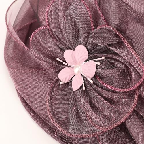 AQOKKA Women Organza Church Fascinators Kentucky Derby Hats for Women and Girls Wedding Flower Tea Party Hat with Wide Brim - color: Simulated Flower : Dark Purple