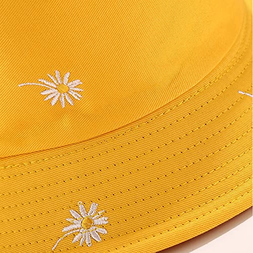 Womens Embroidered Daisy Bucket Hat Reversible Packable Beach Sun Hat - color: Daisy Yellow/Plain Yellow