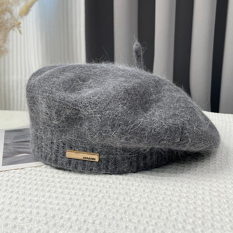 Yanmucy Beret Hat Women Girl, Fluffy Knitted French Beret Warm Classic Beanie Hats Cap for Ladies Men Winter Autumn - color: Deep Grey