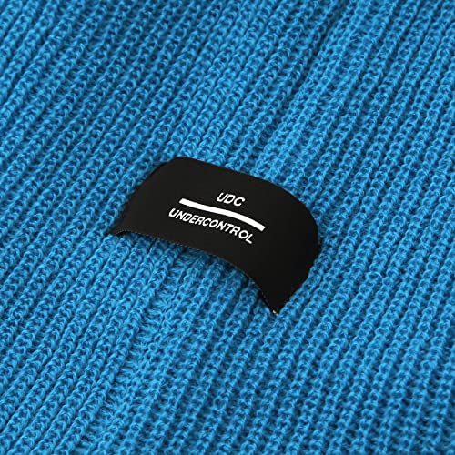 UNDERCONTROL Logo Label Patch Unisex Fall Winter Short Thick Cuffed Rollup Warm Beanie Korea Trawler Fisherman Knit Skull Hat - color: Athletic Blue