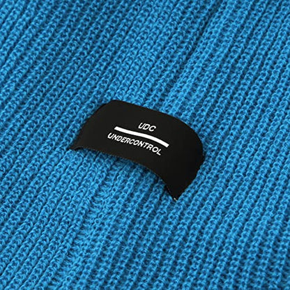 UNDERCONTROL Logo Label Patch Unisex Fall Winter Short Thick Cuffed Rollup Warm Beanie Korea Trawler Fisherman Knit Skull Hat - color: Athletic Blue