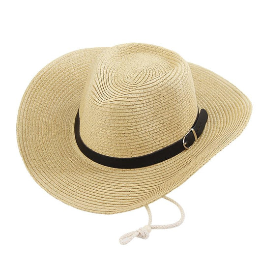 Men's Floppy Packable Straw Hat Beach Cap Newsboy Fedora Sun Hat, Big Brim, Adjustable Chin Strap - color: Beige