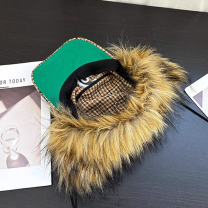 URAWOW Faux Fur Baseball Cap Women Winter Fall Grunge Aespa NINGNING Same Style Trapper Hat Plush Retro Fashion Ear Warmer - color: Houndstooth