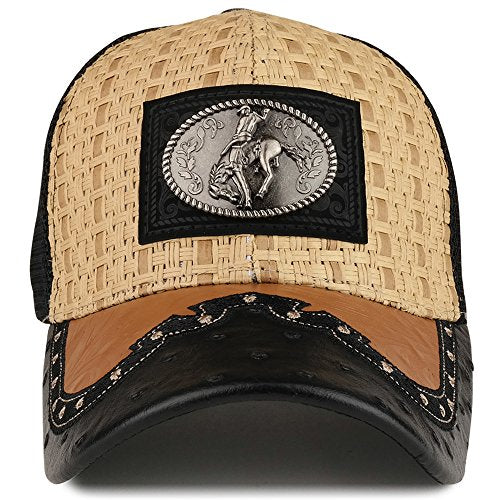 Straw Design Metallic Rodeo Cowboy Horse Metal Logo Trucker Mesh Baseball Cap - color: Tan/Black