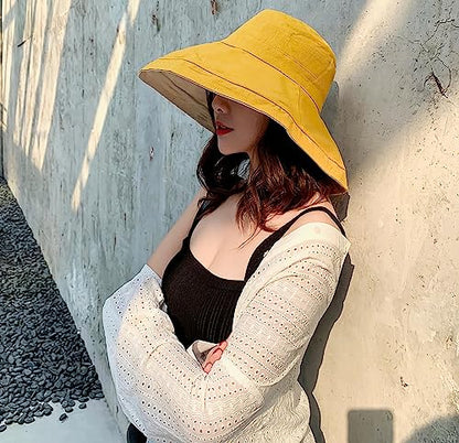 Women Wide Brim Sun Hats Metal Wired Edge Summer UV Protection Beach Fishing Hat for Hiking Garden Travel Chin Strap - color: Lant001-yellow, size: One Size