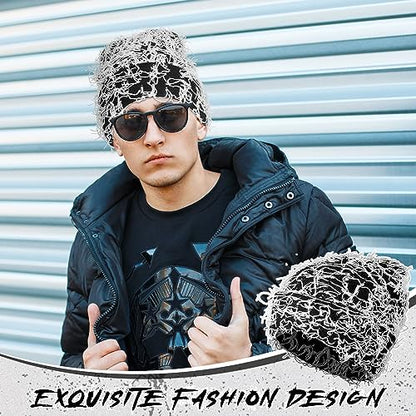 Chuarry Distressed Knitted Beanie Fuzzy Winter Hat - color: Black and White