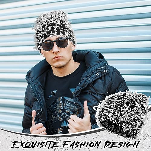 Chuarry Distressed Knitted Beanie Fuzzy Winter Hat - color: Black and White