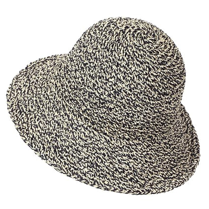 Womens Sun Hat Handmade Crochet Straw Bucket for Summer Foldable Travel Cap - color: Beige & Black