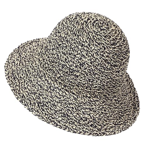 Womens Sun Hat Handmade Crochet Straw Bucket for Summer Foldable Travel Cap - color: Beige & Black