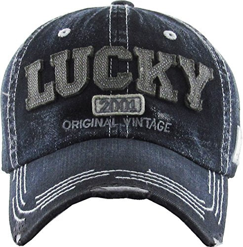 Fashion Vintage Distressed Washed Assorted Baseball Cap Dad Hat Adjustable Unisex - color: .Black Denim Lucky