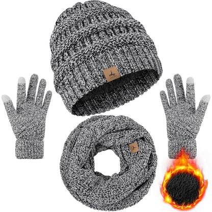 LOROME Winter Beanie Hat Scarf Gloves, Warm Fleece Knit Neck Scarf Set Gift - color: Black and White