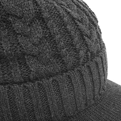 Original One Men Wool Blend Cable Knitted Visor Beanie Winter Knit Hat with Brim Fur Lined Ski Cap - color: Grey