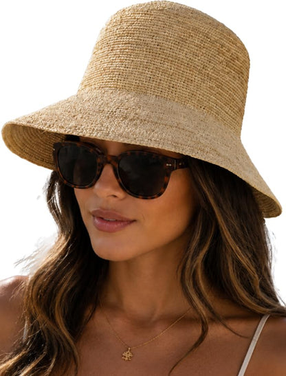 Natural Raffia Straw Bucket Hat for Women Sun Beach Handmade Raffia Woven Bucket Hat Foldable Summer Cap - color: Natural Raffia 3.1“8cm