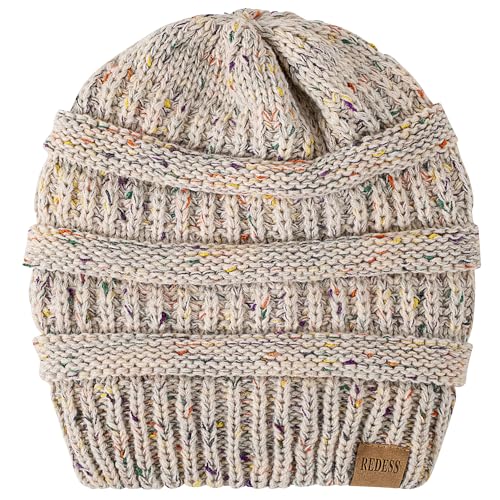REDESS Slouchy Beanie Hat for Men and Women Winter Warm Knit Hat Chunky Soft Oversized Cable Cap - color: Confetti Oat