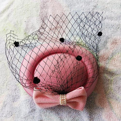 Fascinators Hats Pillbox Hat for Girl and Women - color: Pink-fascinator With Bowknot Veil