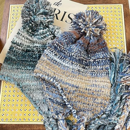yolrdiw Women's Boho Crochet Colorful Hat Tassel Braid Winter Knit Beanie with Ear Flaps Pom Pom - color: Blue