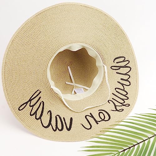 DRESHOW Big Straw Sun Hats for Women Floppy Foldable Roll up Beach Cap Sun Hat UPF 50+ Vacation Honeymoon Embroidered Hat - color: Ae Always on Vacay: Beige