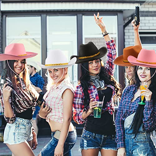 4 Pack Pinch Front Cowboy Hat Novelty Western Cowboy Cowgirl Hat for Adult Halloween Cosplay Dress up - color: Black, Pink, White, Brown