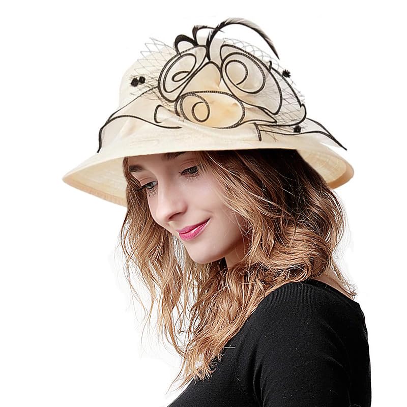 Women's Organza Derby Fascinator Hat Cloche Bowler Hat Cocktail Tea Party Wedding Sun Hat - color: A2-beige,black