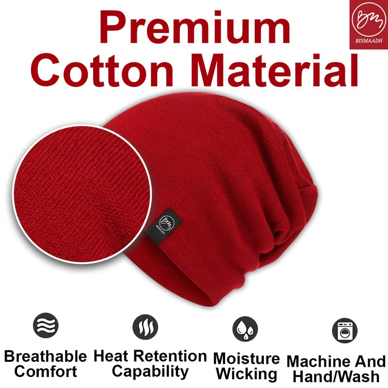 BISMAADH Unisex Soft Cotton Fashion Slouchy Beanie Headwear Skull Hair Cover Sleep Cap Hat for Frizzy Natural Curly Hair - color: Maroon