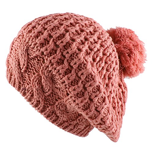 Morehats Thick Crochet Knit Pom Pom Beret Winter Ski Hat - color: Pink